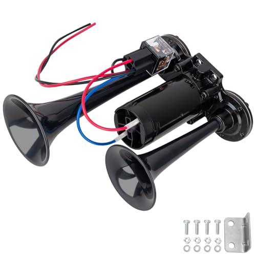 AOLIHAN 12V Black Waterproof Truck Horn with Compressor,150dB Integrated Dual Tube High/Low Tone Air Horn kit for Car/Motorcycle/Trucks/Pickup/SUV/Van/Lorries/Boats - Image 1