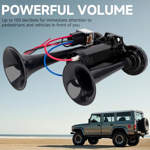 AOLIHAN 12V Black Waterproof Truck Horn with Compressor,150dB Integrated Dual Tube High/Low Tone Air Horn kit for Car/Motorcycle/Trucks/Pickup/SUV/Van/Lorries/Boats - Image 2