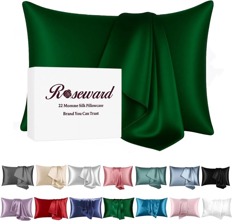 ROSEWARD Green Silk Pillow Cases, Oeko-TEX Certified 22 Momme Mulberry Silk Pillowcase for Hair and Skin Standard Size with Zipper, Anti Wrinkle,1 Pcs 20"x26" (Standard, Emerald) - Image 1