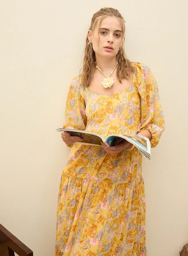 SASSAFRAS Sassafras Yellow Floral Print A-Line Maxi Dress