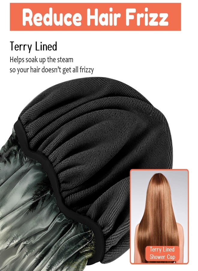 Cabreche Luxury Shower Cap Terry Lined Reusable Triple Layer Waterproof Hair Elastic Caps Shower Bath Hat for Women Girls Cute Aesthetic-Cloud Forest - Image 5