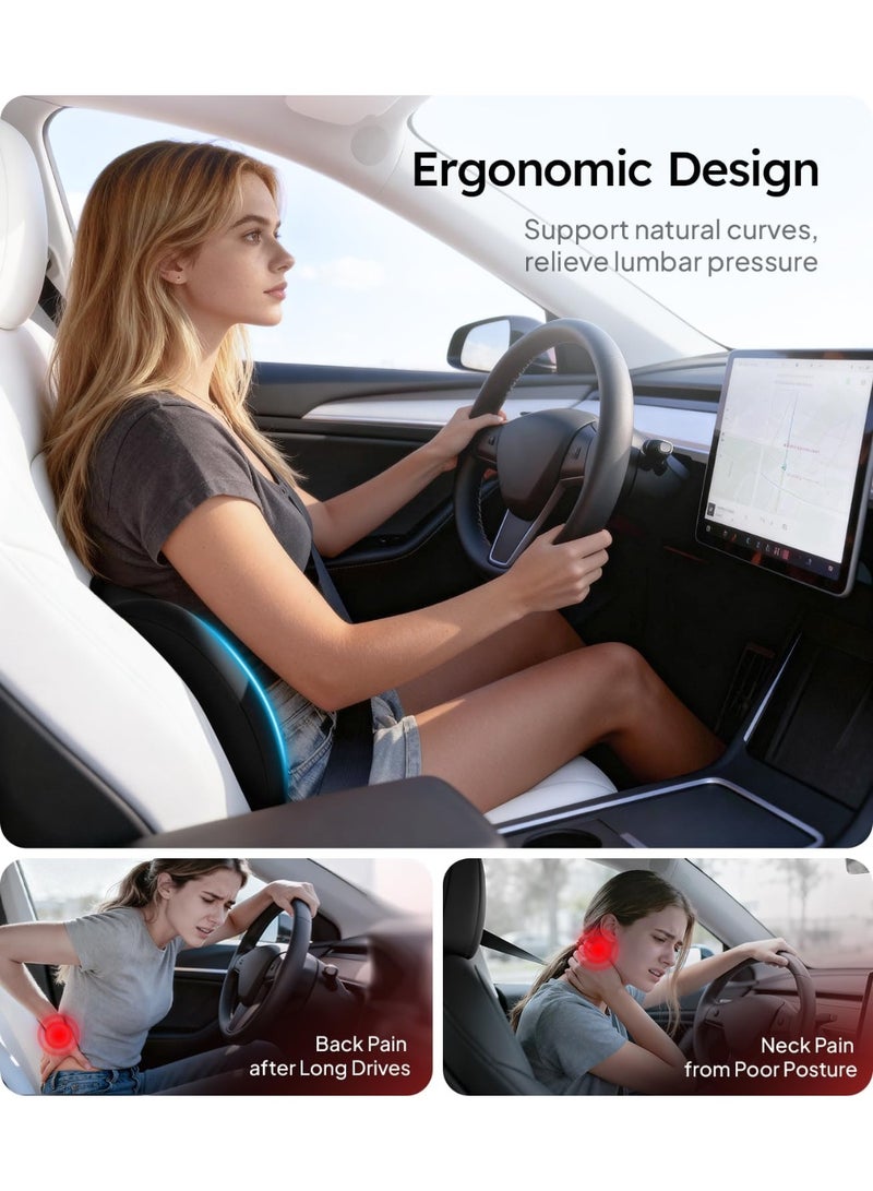 Memory Foam Car Headrest and Lumbar Support Cushion Set - Black Suede Ergonomic Neck and Back Pain Relief Pillows - Image 5