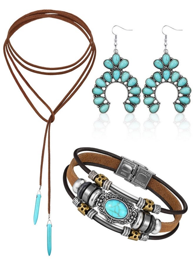 Inbagi 3 Pcs Western Jewelry For Women Bohemian Set Boho Pendant Long Choker Faux Leather Layered Bracelet Dangle Earrings(Classic Style) - Image 1