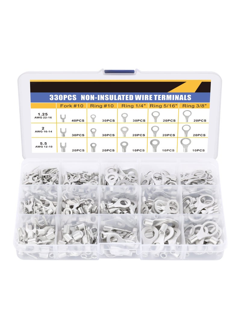 330PCS Non-Insulated Wire Connector Kit - Tinned Red Copper Brazed Seam Fork Ring Terminals for AWG 22-10 Electrical Wire Crimp Connectors. - Image 1