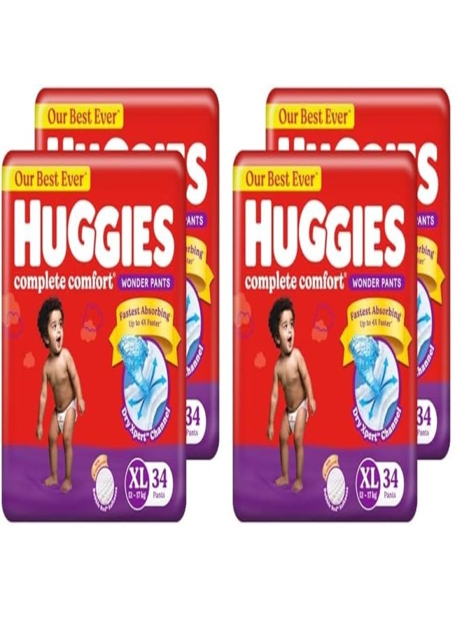 Huggies Complete Comfort Wonder Pants | Pant Style Baby Diapers XL Size, 34*4 Count | India's Fastest Absorbing Diaper, Patented Dry Xpert Channel, Ideal for 12 to 17 Kgs (Pack of 4)