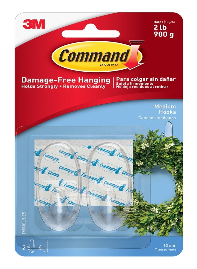 Command 3M Command Clear Medium Wall Hooks, holds 900gms, no paint damage, Holds Strongly, Adhesive hooks for wall, Reusable, Multi-surface (Transparent, 2 hooks, 4 strips) - Image 1