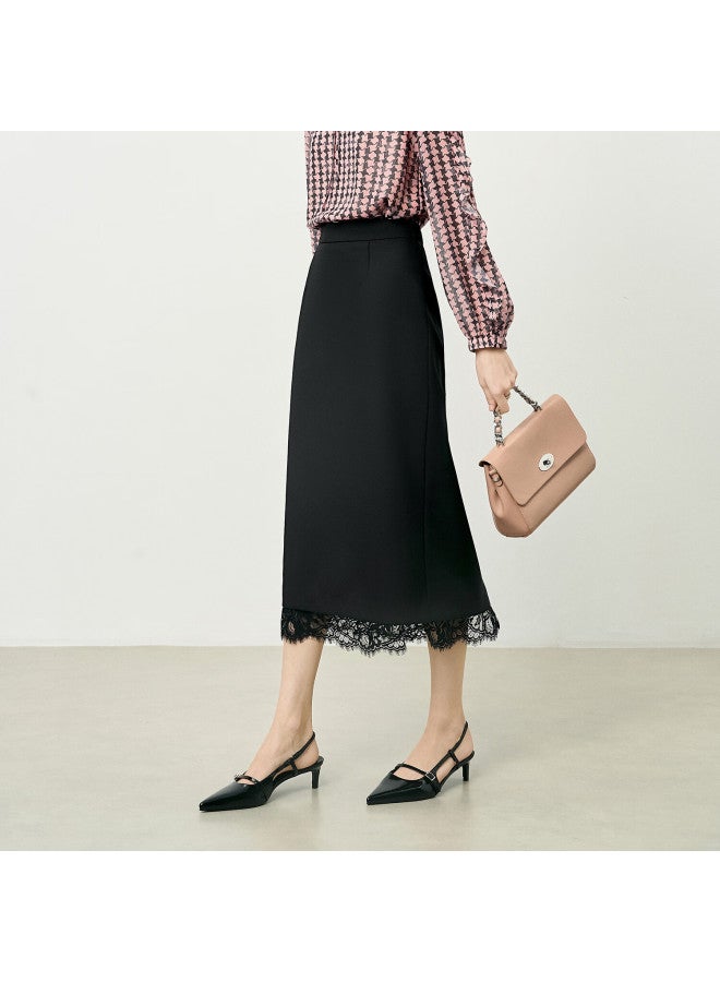 Yanyee Black Straight-leg Midi Skirt For Women, Autumn Commuter Versatile Lace Trim Pencil Skirt, Black, Size M - Image 1