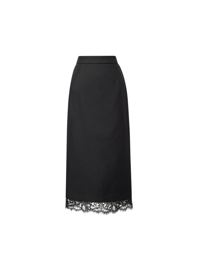 Yanyee Black Straight-leg Midi Skirt For Women, Autumn Commuter Versatile Lace Trim Pencil Skirt, Black, Size M - Image 3