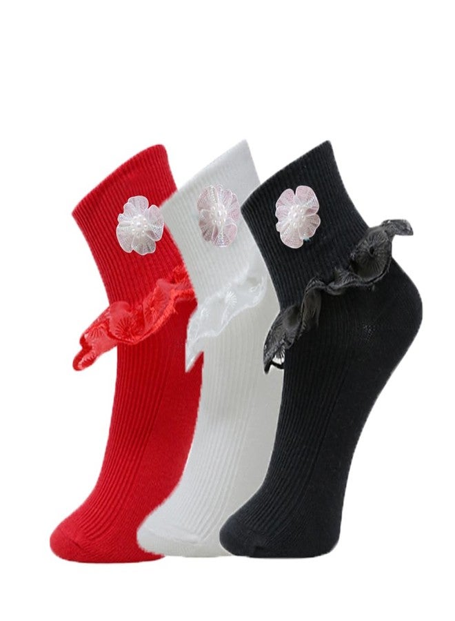 موستانغ جوارب موستانج المزينة بالكشكشة، جوارب قطنية لطيفة للأطفال، طقم من قطعة واحدة للفتيات الصغيرات | جوارب للأطفال والفتيات الصغيرات | | من 5 إلى 6 سنوات (عبوة من 3 قطع) - Image 1