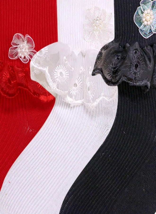 موستانغ جوارب موستانج المزينة بالكشكشة، جوارب قطنية لطيفة للأطفال، طقم من قطعة واحدة للفتيات الصغيرات | جوارب للأطفال والفتيات الصغيرات | | من 5 إلى 6 سنوات (عبوة من 3 قطع) - Image 5