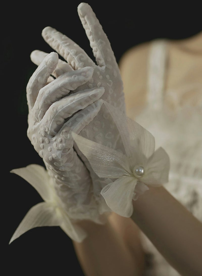 SYOSI Lace Gloves, White Pearl Bow Knot Dress Accessories Full Finger Gloves for Wedding Banquet Prom Bride Ladies Girls (White) - Image 2