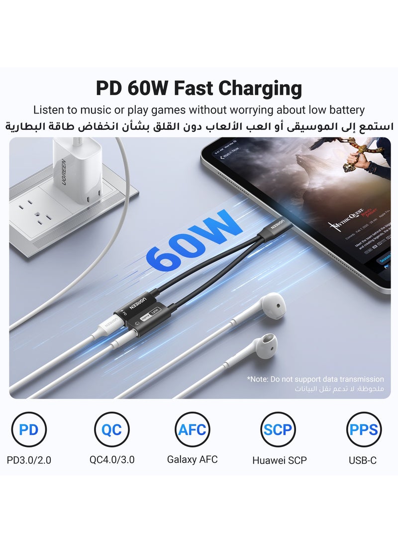 يو جرين محول مقبس سماعة الرأس من النوع C إلى 3.5 مم Aux USB C مع 60 وات تايب سي شحن سريع USB C إلى Aux HiFi دونجل محول سماعات رأس سلكي متوافق مع جالاكسي S24 S23 التار و ايفون 15 برو ماكس تابلت ماك بوك - Image 4