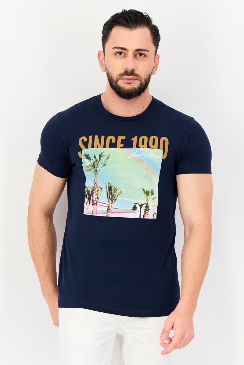 JACK & JONES Men Crew Neck Short Sleeves Graphic Print T-Shirt, Navy - Image 1