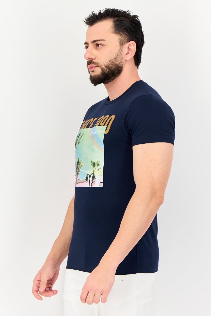 JACK & JONES Men Crew Neck Short Sleeves Graphic Print T-Shirt, Navy - Image 3
