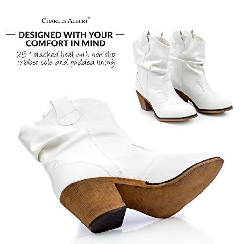 Charles Albert Modern Western Cowboy Boots for Women Ladies Stacked Heel Ankle Cowgirl Boots with Pull-Up Tabs in White Size 7 - Image 2