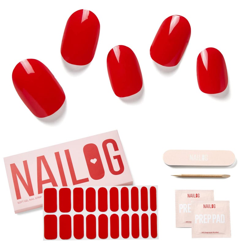NAILOG Semi Cured Nail Strips 20 Pcs Extra Long Full Nail Wraps with Glossy Soft Gel Finishing Buy 2 Get 1 UV Lamp Rouge