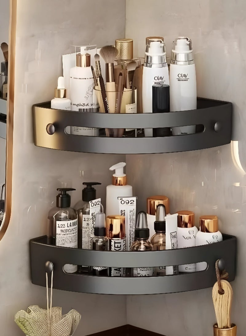 Alissa 2-Pack No-Drill Corner Bathroom Shelves – Thick, Height-Boosted Black Shower Caddies with Hooks – Easy Wall Mount Storage Rack for Towels & Toiletries  - Image 1
