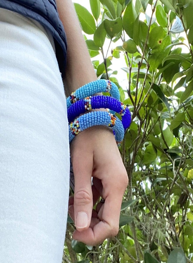 Global Crafts Handmade Maasai Beaded Bangles (Africa) - Set of Three - Blues - Image 3