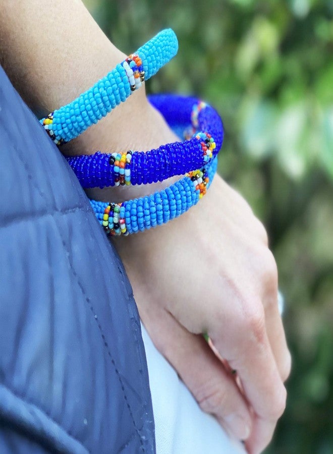 Global Crafts Handmade Maasai Beaded Bangles (Africa) - Set of Three - Blues - Image 2