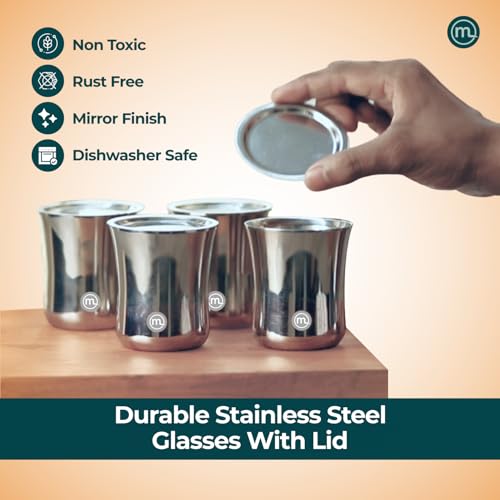 Mishaa Cutting Tea Glasses Set of 4-120ml Each, Stainless Steel Mini Double Wall Glass with lid Coaster, Multipurpose Serving Chai, Milk, Coffee, Water - Image 2