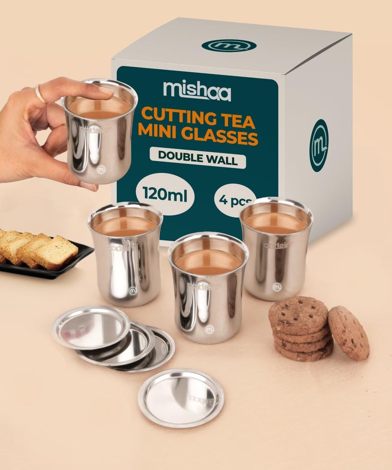Mishaa Cutting Tea Glasses Set of 4-120ml Each, Stainless Steel Mini Double Wall Glass with lid Coaster, Multipurpose Serving Chai, Milk, Coffee, Water - Image 1