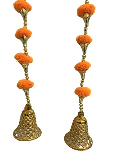 Aahum Handmade Wall Door Orange and GreenColor PomPom StringToran Golden BeadsTriangle FlowersHanging ToransGarland BandhwarDecoration Item for HomeDécor Diwali,Festival,Navratri,Wedding(3FT 4 Strings) - Image 3