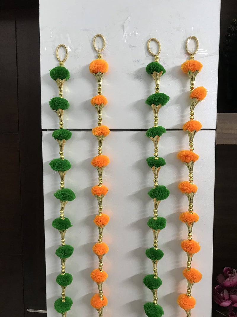 Aahum Handmade Wall Door Orange and GreenColor PomPom StringToran Golden BeadsTriangle FlowersHanging ToransGarland BandhwarDecoration Item for HomeDécor Diwali,Festival,Navratri,Wedding(3FT 4 Strings) - Image 4