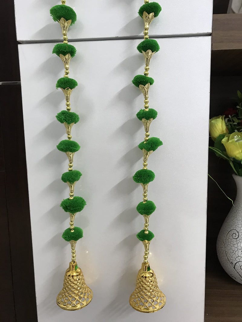 Aahum Handmade Wall Door Orange and GreenColor PomPom StringToran Golden BeadsTriangle FlowersHanging ToransGarland BandhwarDecoration Item for HomeDécor Diwali,Festival,Navratri,Wedding(3FT 4 Strings) - Image 2