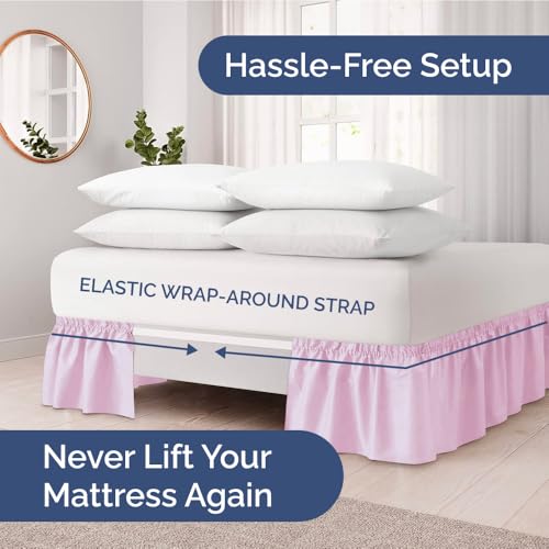 CGK Unlimited Wrap Around Dust Ruffle Bed Skirt Light Pink for King Size Beds with 24 Inch Drop Elastic Strap Adjustable Pleated Bedskirt with Brushed Fabric and Wrinkle Free for Women Men Kids Teens - Image 3