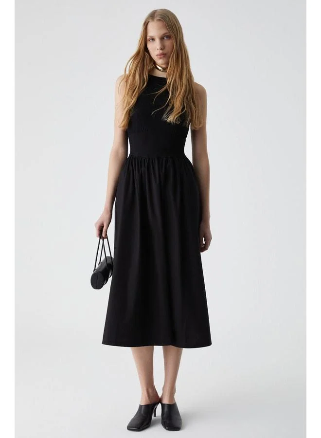 Grimelange Pani Aıre Women's Boat Neck Top with Flexible Viscose, Wide Poplin Knit Bottom, Sleeveless Black Dress