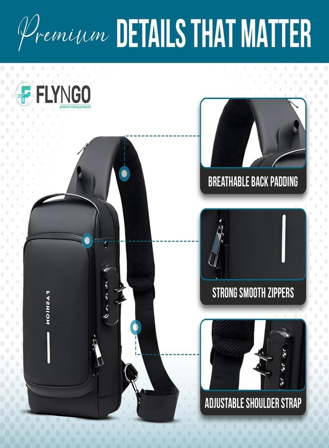 FLYNGO Sling Bag for Men Stylish Crossbody Backpack for Men & Women, Anti-Theft Chest Bag with USB Charging Port, Messenger Bags, Casual Shoulder Bag (Full Black) - Image 4