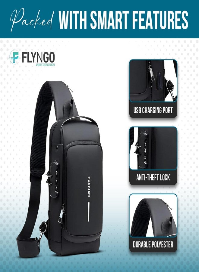 FLYNGO Sling Bag for Men Stylish Crossbody Backpack for Men & Women, Anti-Theft Chest Bag with USB Charging Port, Messenger Bags, Casual Shoulder Bag (Full Black) - Image 2