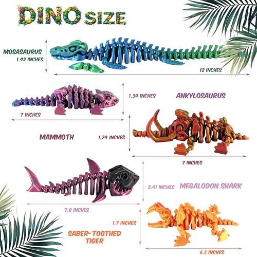 PowerTRC 5PCS 3D Printed Dinosaur Skeletons Fidget Toys Mosasaurus Ankylosaurus Mammoth Shark Sabertooth Tiger Fidget Toy 3D Printed Dragon Animals Toys Articulated 3D Figurine Stress Relief Toy - Image 5
