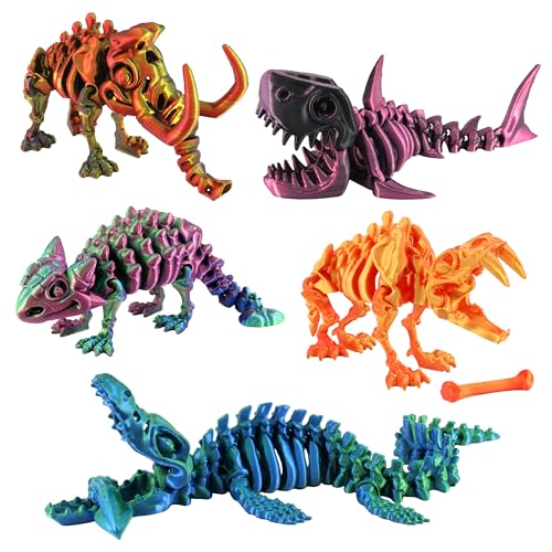 PowerTRC 5PCS 3D Printed Dinosaur Skeletons Fidget Toys Mosasaurus Ankylosaurus Mammoth Shark Sabertooth Tiger Fidget Toy 3D Printed Dragon Animals Toys Articulated 3D Figurine Stress Relief Toy - Image 1