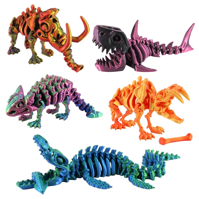 PowerTRC 5PCS 3D Printed Dinosaur Skeletons Fidget Toys Mosasaurus Ankylosaurus Mammoth Shark Sabertooth Tiger Fidget Toy 3D Printed Dragon Animals Toys Articulated 3D Figurine Stress Relief Toy - Image 3
