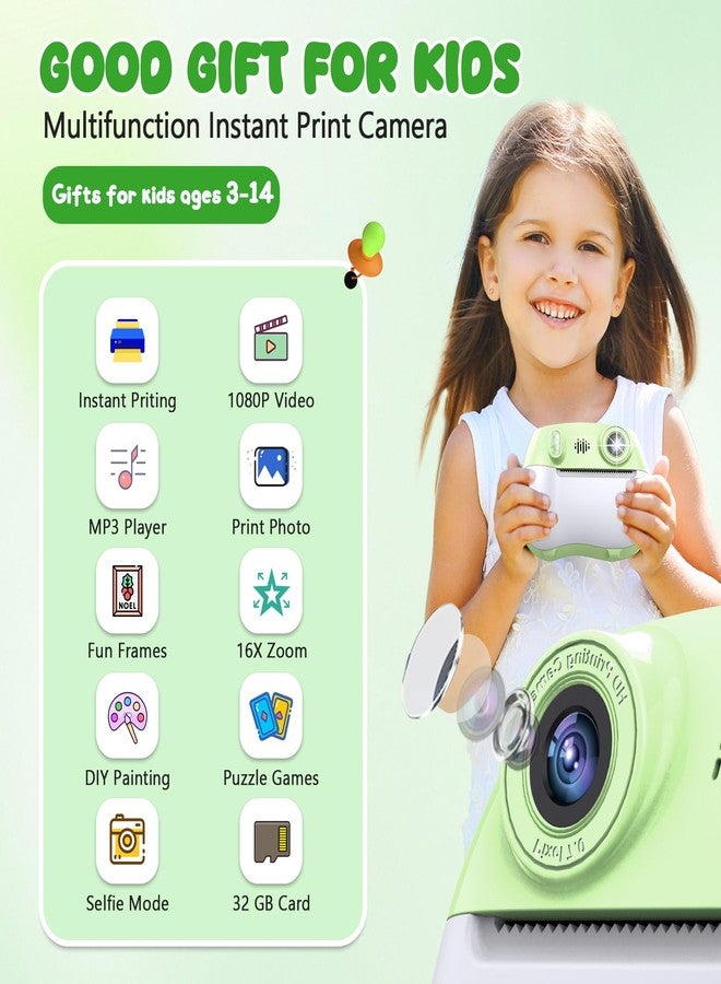 IusZup Kids Camera Instant Print 1080P Front Rear Dual Selfie - Toddler Cameras with Digital Video Games,32GB & 5-Color Print Paper/ 250 Photos,Easy to Use & Great Toys Gifts for Boys Girls, Ages 3-12 Green - Image 2