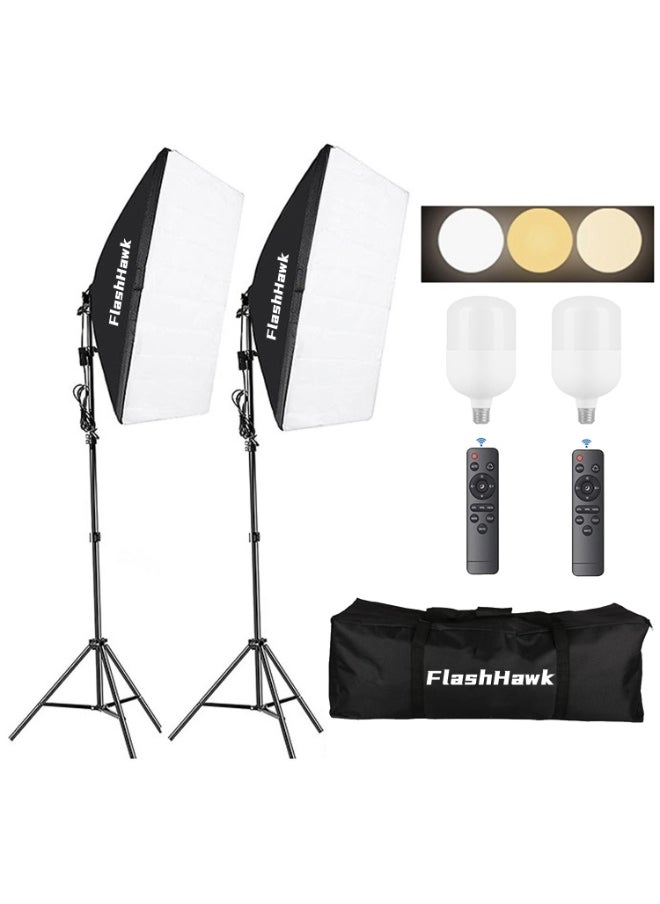 FlashHawk Glanfen Photography Lighting Kit, 2 Pcs 200W 3 Colors Bulbs Soft Boxes with Remote Controls and Carry Bag for Portrait Product Shooting  - Image 1