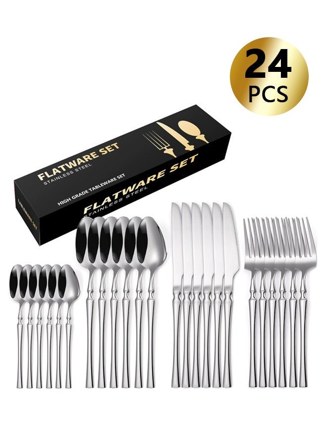 24 Piece Stainless Steel Flatware Set, Service for 6 Modern Cutlery Set, Dishwasher Safe & Rust-Resistant Utensils for Everyday Use Slender handle - Image 1