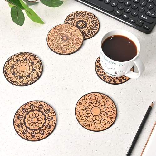Gift Kya De Gkd Coaster Set Of 6 Mandala Art Wooden Coasters With Proper Coaster Stand Coaster Set Fit For Tea Cups, Coffee Mugs And Glasses (3.5 X 3.5 Inch) (Bamboo Ecofriendly) - Image 1