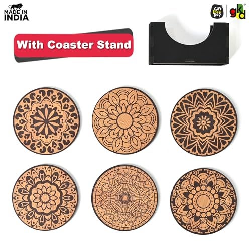 Gift Kya De Gkd Coaster Set Of 6 Mandala Art Wooden Coasters With Proper Coaster Stand Coaster Set Fit For Tea Cups, Coffee Mugs And Glasses (3.5 X 3.5 Inch) (Bamboo Ecofriendly) - Image 5