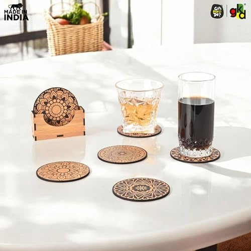 Gift Kya De Gkd Coaster Set Of 6 Mandala Art Wooden Coasters With Proper Coaster Stand Coaster Set Fit For Tea Cups, Coffee Mugs And Glasses (3.5 X 3.5 Inch) (Bamboo Ecofriendly) - Image 3