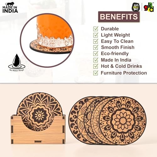 Gift Kya De Gkd Coaster Set Of 6 Mandala Art Wooden Coasters With Proper Coaster Stand Coaster Set Fit For Tea Cups, Coffee Mugs And Glasses (3.5 X 3.5 Inch) (Bamboo Ecofriendly) - Image 4