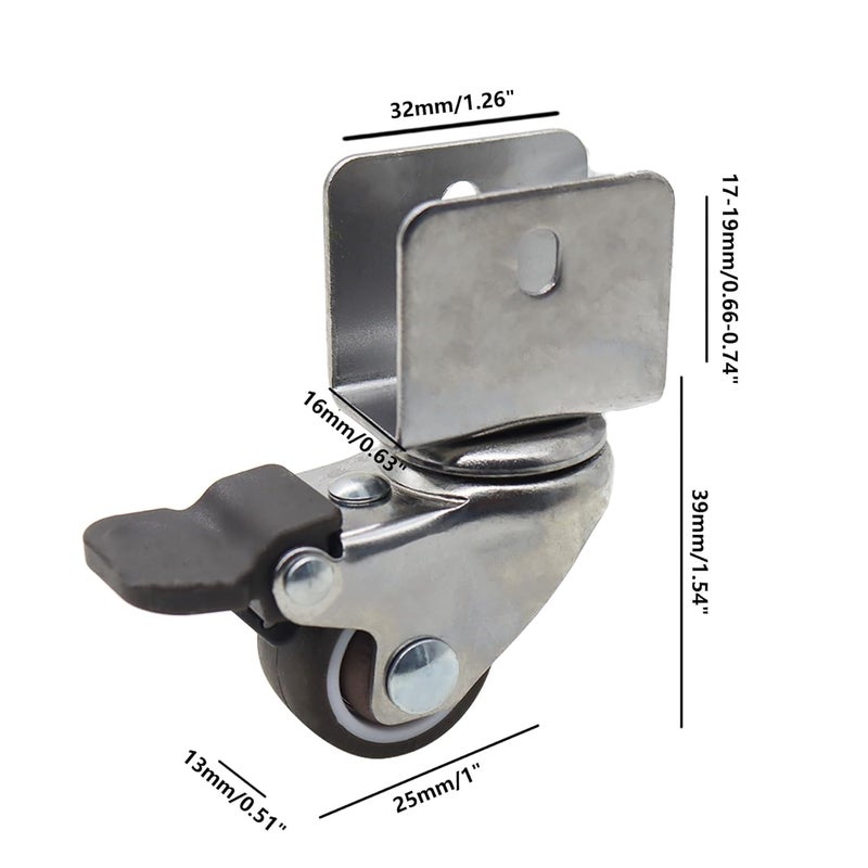 Heavy Duty Side Mount Caster Wheels 4PCS 1 Inch U Braking Shape Ball Bearing Swivel Castors - Image 3
