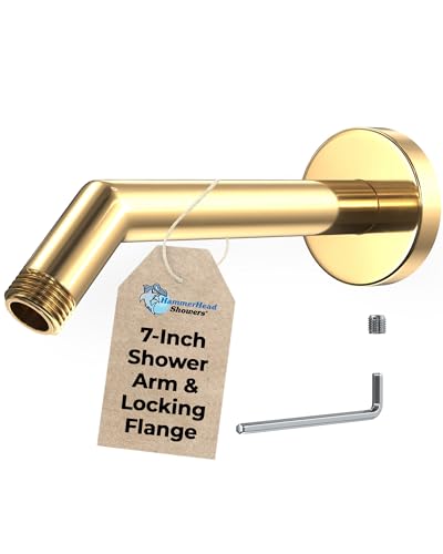 HammerHead Showers® Solid Metal 7 Inch Shower Arm and Flange with Set Screw, Polished Brass | Wall Elbow Pipe and Cover Plate | Universal Replacement Part for Showerheads - Image 1