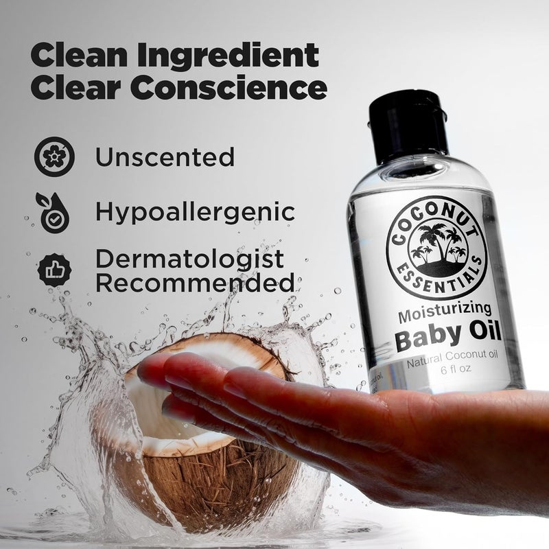 Coconut Essentials BABY OIL  Liquid Coconut oil MCT  No Mineral oil  Unscented Moisturizer  Infant  Newborn  Massage Scalp Sensitive Skin Eczema  Dry Skin Relief  Fragrance Free 6oz - Image 4
