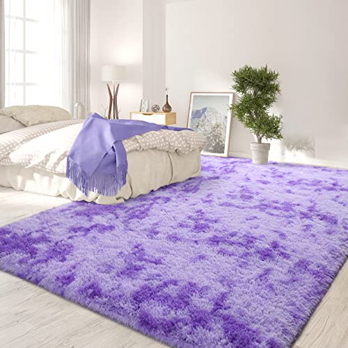 FlyDOIT Purple Tie-Dyed Large Rugs for Living Room, 4x6 Feet Shaggy Rug Fluffy Throw Carpets, Ultra Soft Plush Modern Indoor Fuzzy Rugs for Bedroom Girls Kids Nursery Room Dorm Home Decor - Image 3