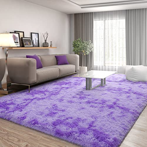 FlyDOIT Purple Tie-Dyed Large Rugs for Living Room, 4x6 Feet Shaggy Rug Fluffy Throw Carpets, Ultra Soft Plush Modern Indoor Fuzzy Rugs for Bedroom Girls Kids Nursery Room Dorm Home Decor - Image 2
