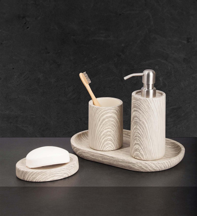 OBSESSIONS Set of 4 Pc Polyresin Bathroom Set, Grey Beige - Image 1