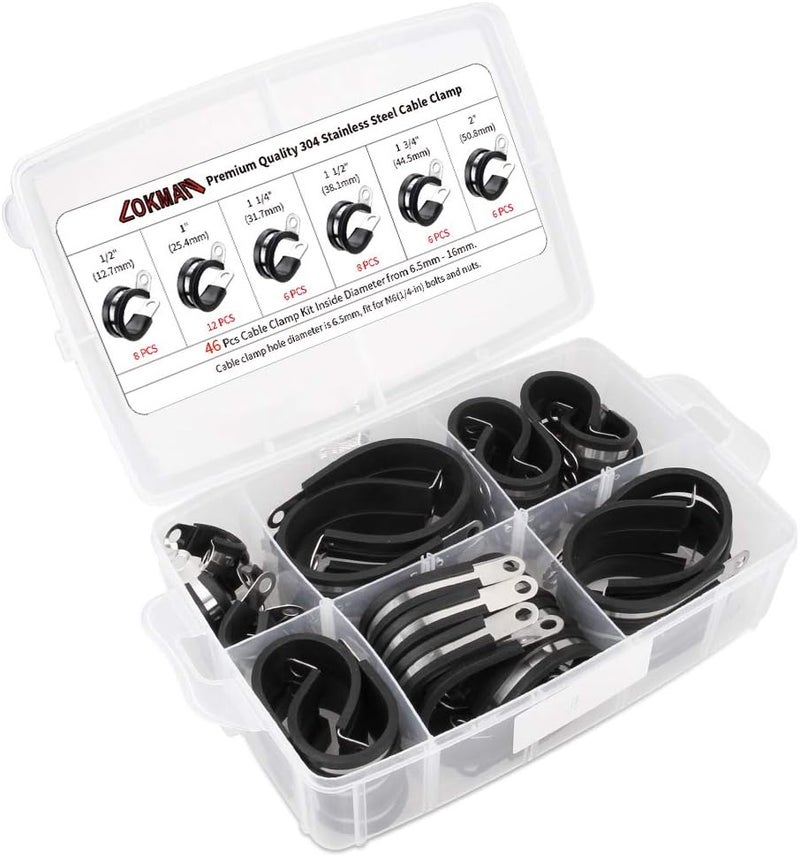 LOKMAN 46-Piece Cable Clamp Assortment Kit - 304 Stainless Steel with Rubber Cushion Insulation - Image 1