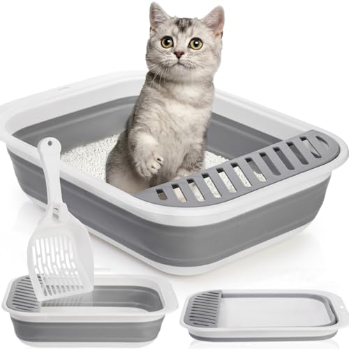 Tlence Collapsible Small Cat Litter Box 177 Open Foldable Kittens Potty with Scoop Shallow Anti Splash Travel Cat Toilet Semi Enclosed Height Adjustable Sides Litter Pan for Sick Frail Cat Grey - Image 1
